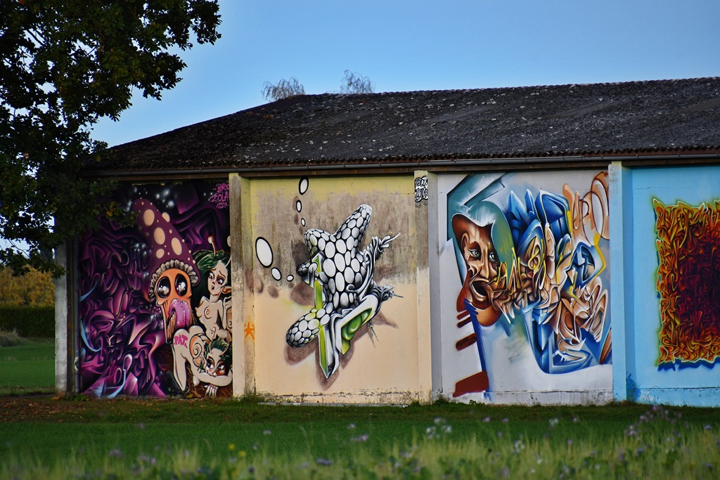 Eine Scheune mit verschiedenen Graffiti.